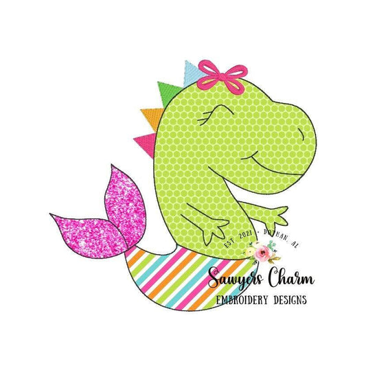 Dinosaur mermaid bean stitch applique with bow, machine embroidery design file, sea creature, dino, summer, quick stitch, satin stitch