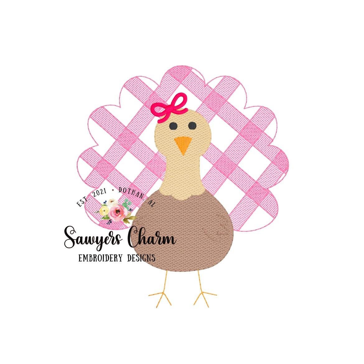 BUNDLE Gingham turkey with & without bow, sketch stitch embroidery design file, fall, thanksgiving, gobble, plaid check, quick stitch
