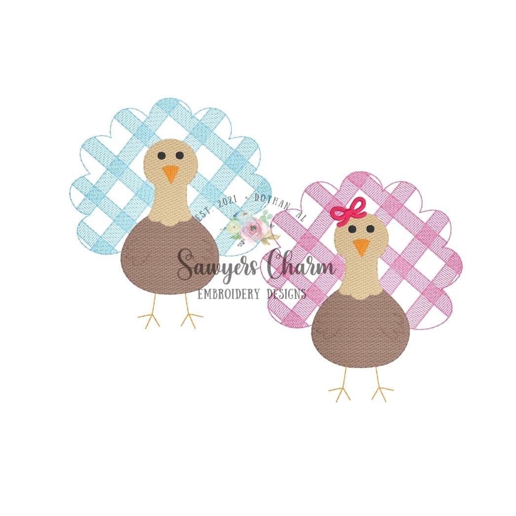 BUNDLE Gingham turkey with & without bow, sketch stitch embroidery design file, fall, thanksgiving, gobble, plaid check, quick stitch