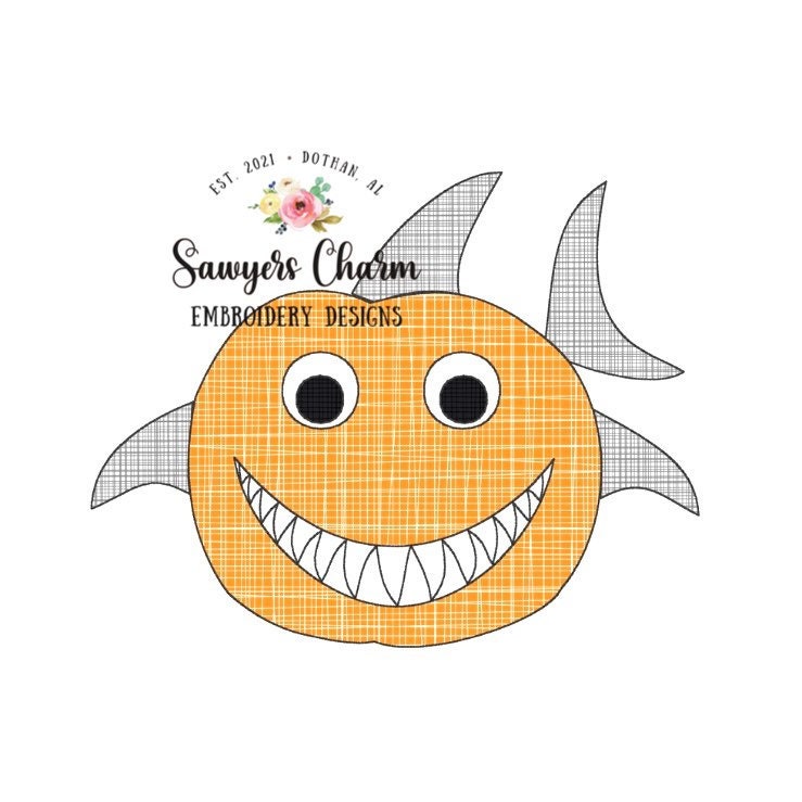 Halloween shark jackolantern spooky bean stitch machine applique design, embroidery file, fall pumpkin, beach, costume, quick stitch