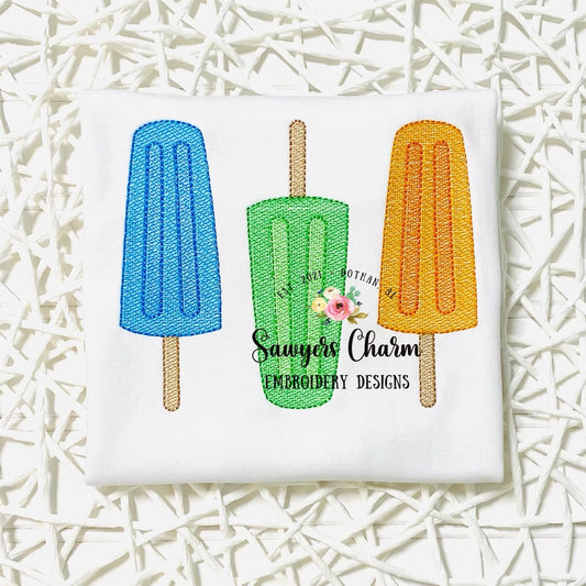 Popsicles trio sketch machine embroidery design file, summer treats, snacks, ice cream, vintage, quick stitch, bean stitch