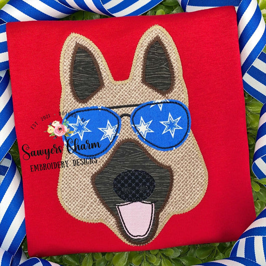 German Shepherd with aviator sunglasses zig zag/bean stitch machine applique embroidery design file, quick stitch, summer, shades, dog