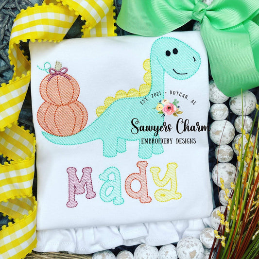 BUNDLE Stacked pumpkins dinosaur with and without bow, bean stitch applique & sketch stitch embroidery design file, dino, fall halloween