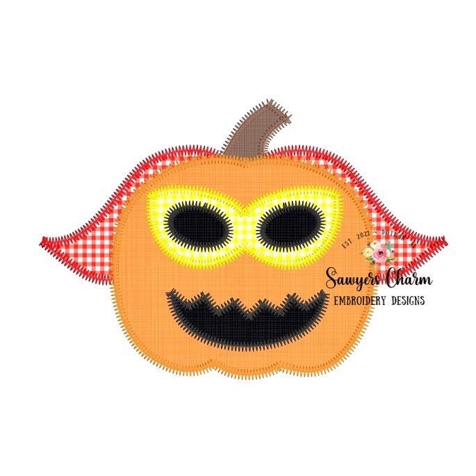 Superhero jackolantern pumpkin, bean stitch & zig zag applique embroidery design file, quick stitch, fall halloween, bow, cape, girl and boy