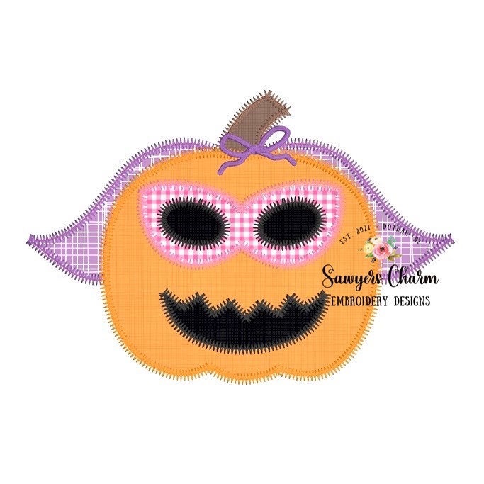 Superhero jackolantern pumpkin, bean stitch & zig zag applique embroidery design file, quick stitch, fall halloween, bow, cape, girl and boy