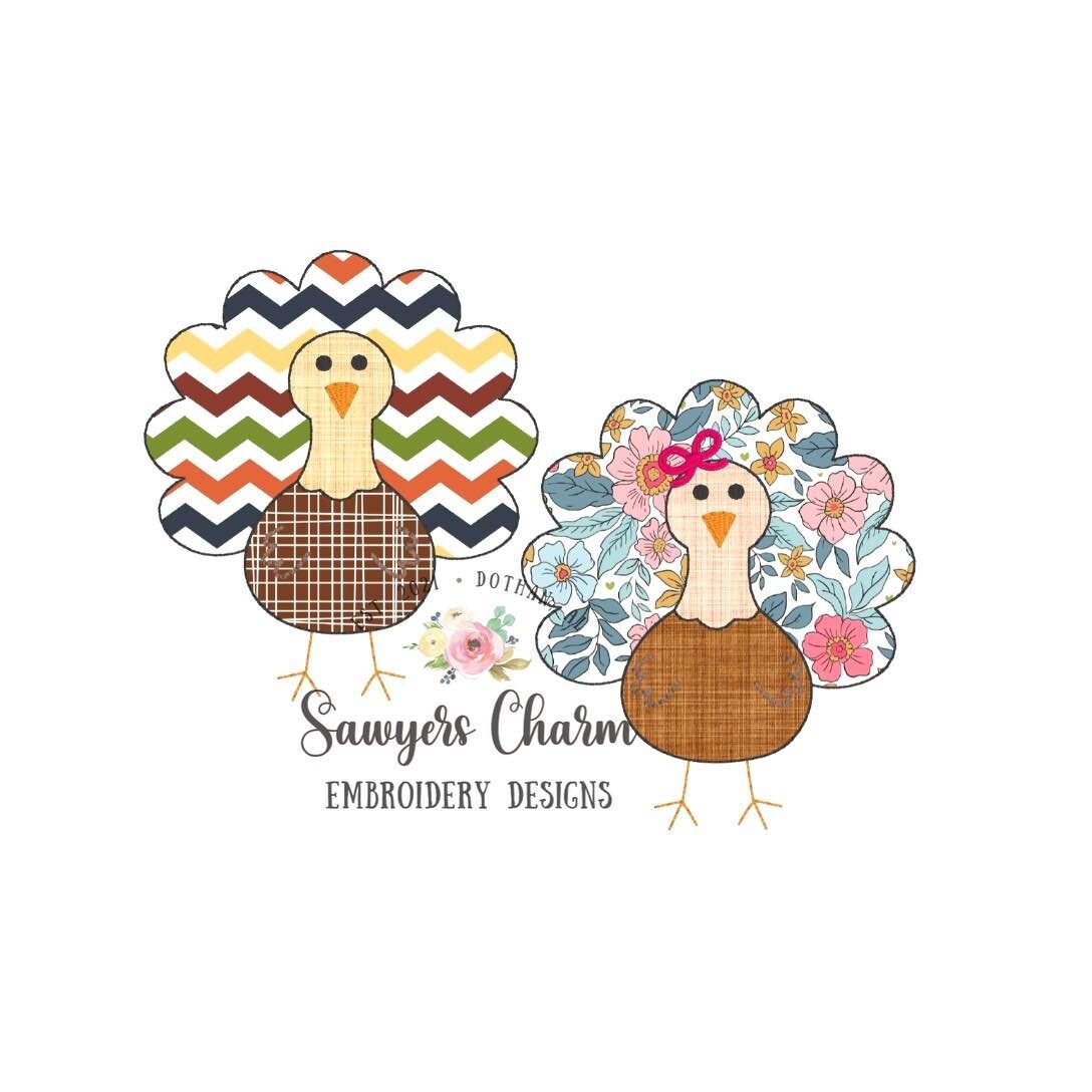 BUNDLE Turkey with & without bow, bean stitch applique embroidery design file, fall, thanksgiving, gobble, quick stitch
