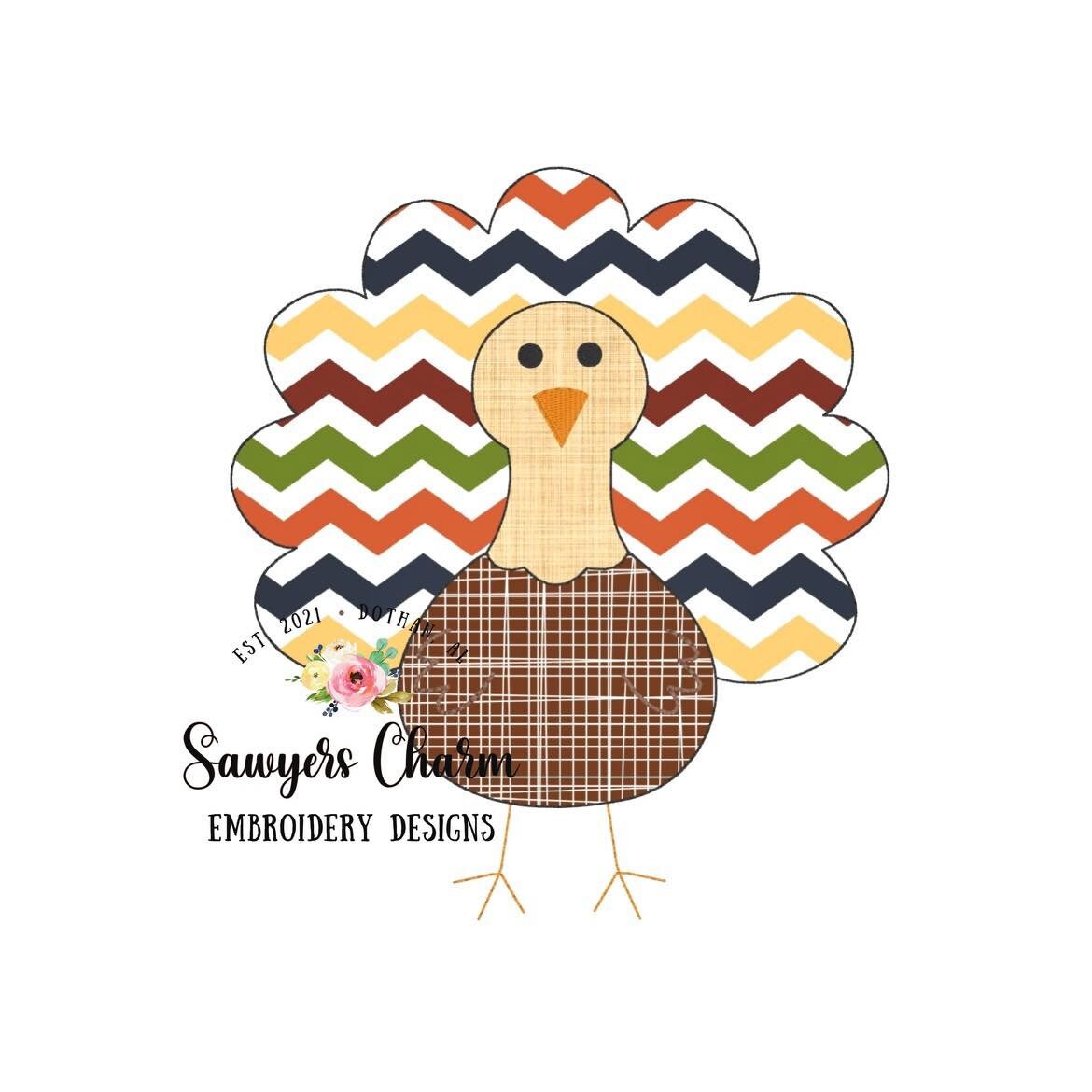 BUNDLE Turkey with & without bow, bean stitch applique embroidery design file, fall, thanksgiving, gobble, quick stitch