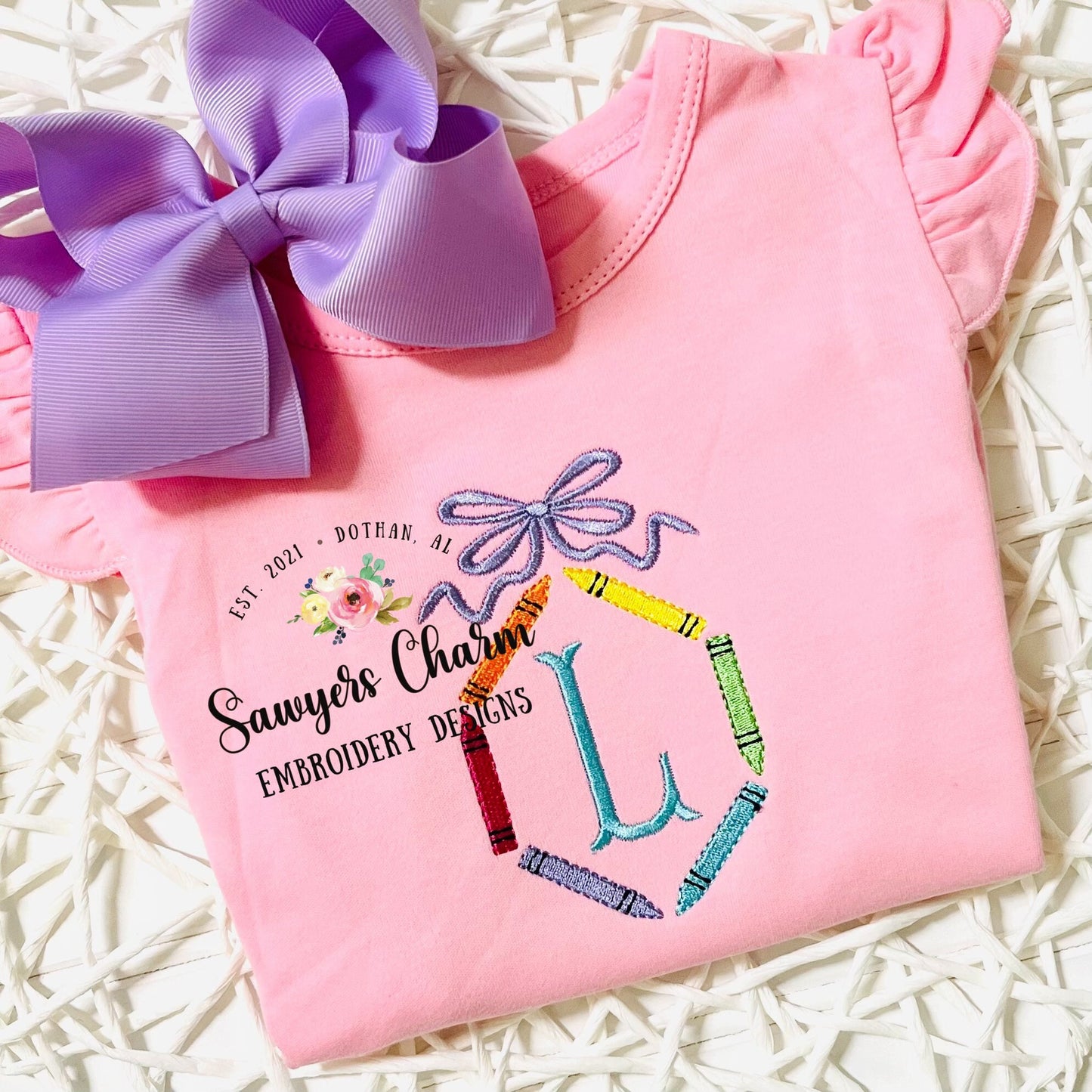 Mini fill crayons with bow monogram frame machine embroidery design file, quick stitch, perfect for monograms, satin, colors, back to school
