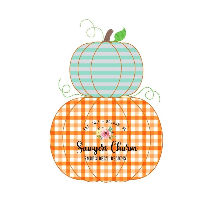 Stacked pumpkins with leaves, bean stitch applique, embroidery design file, fall, halloween, fall leaves, pumpkin patch, quick stitch