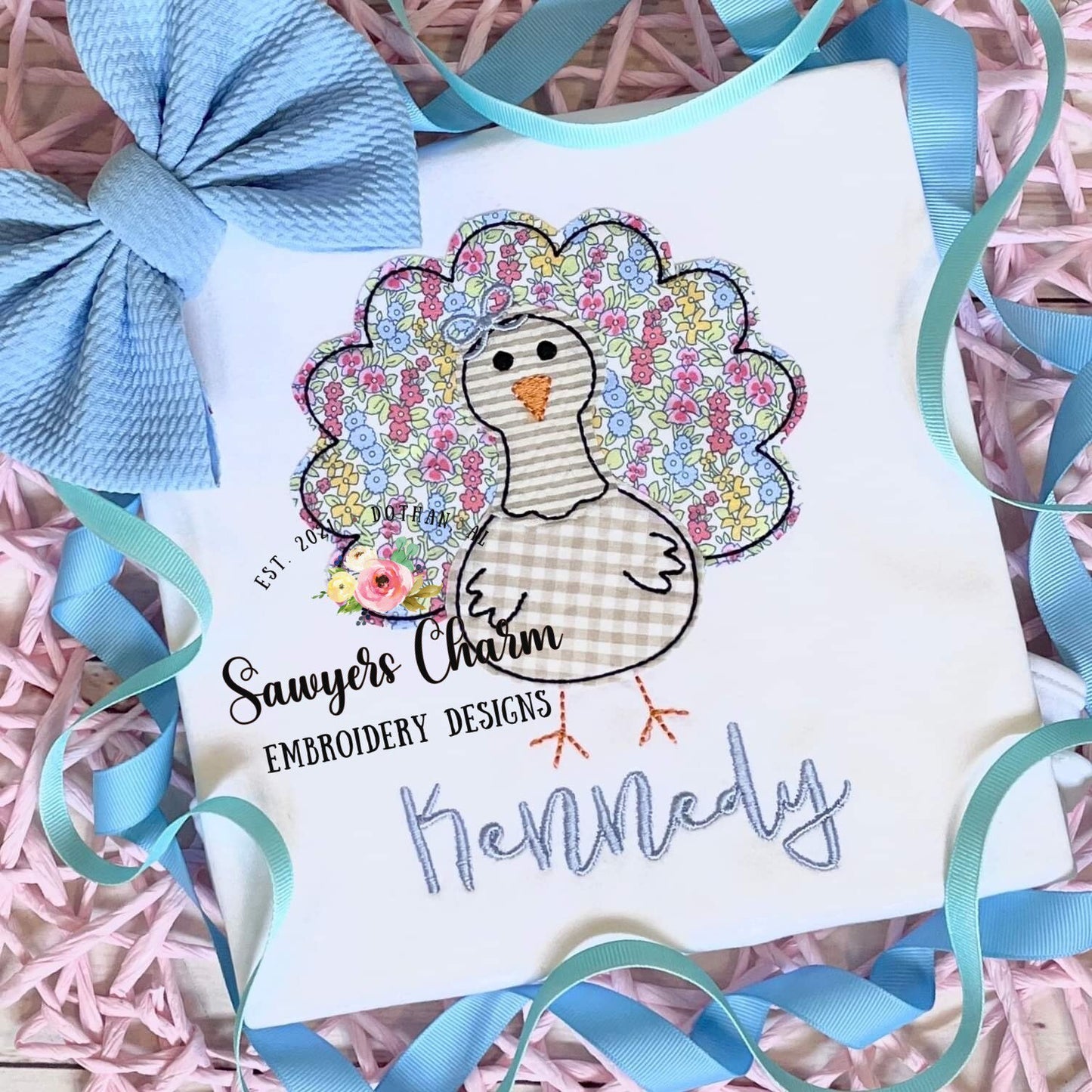 BUNDLE Turkey with & without bow, bean stitch applique embroidery design file, fall, thanksgiving, gobble, quick stitch