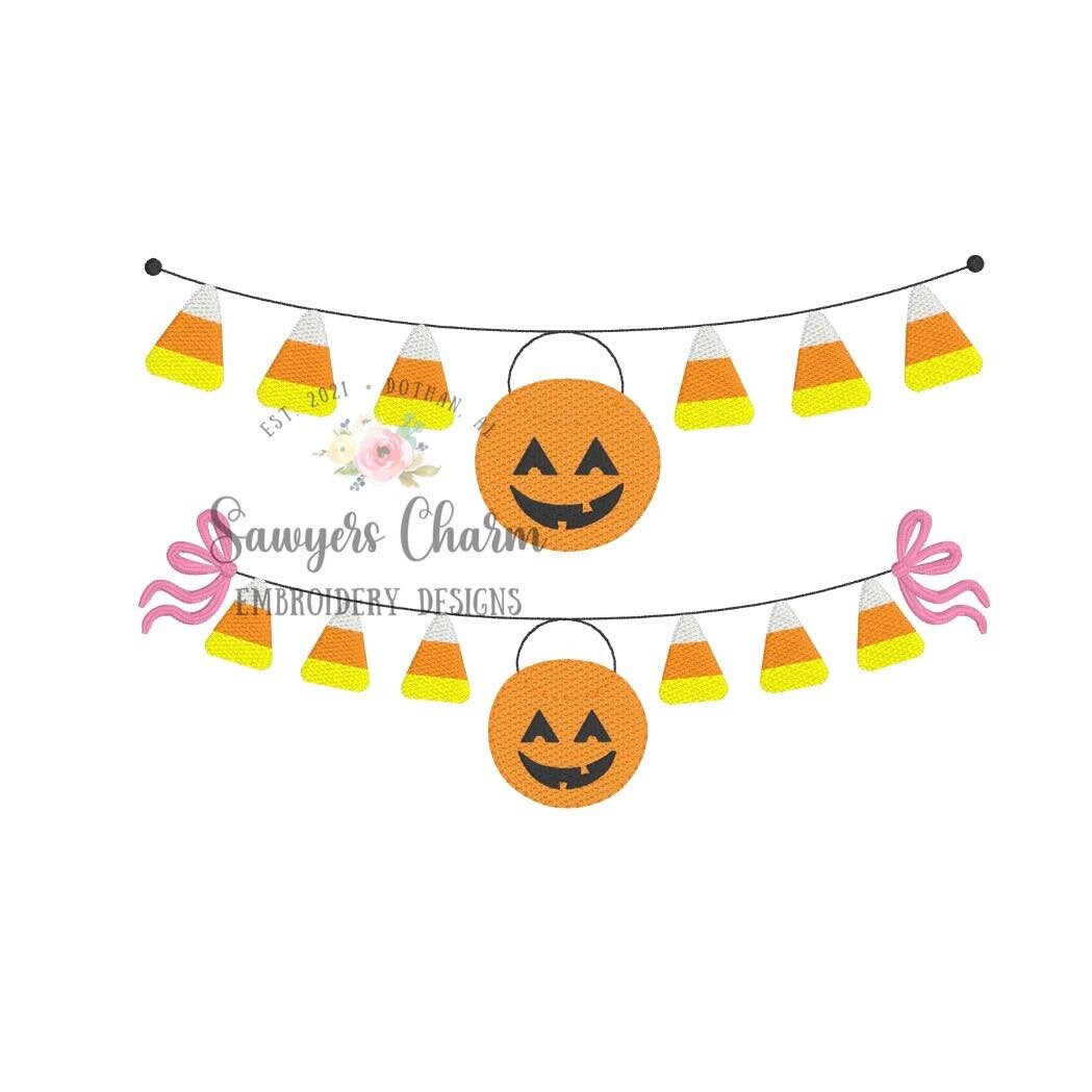 BUNDLE Halloween candy corn jackolantern bunting banner sketch stitch machine embroidery design file, quick stitch/bean stitch, fall pumpkin