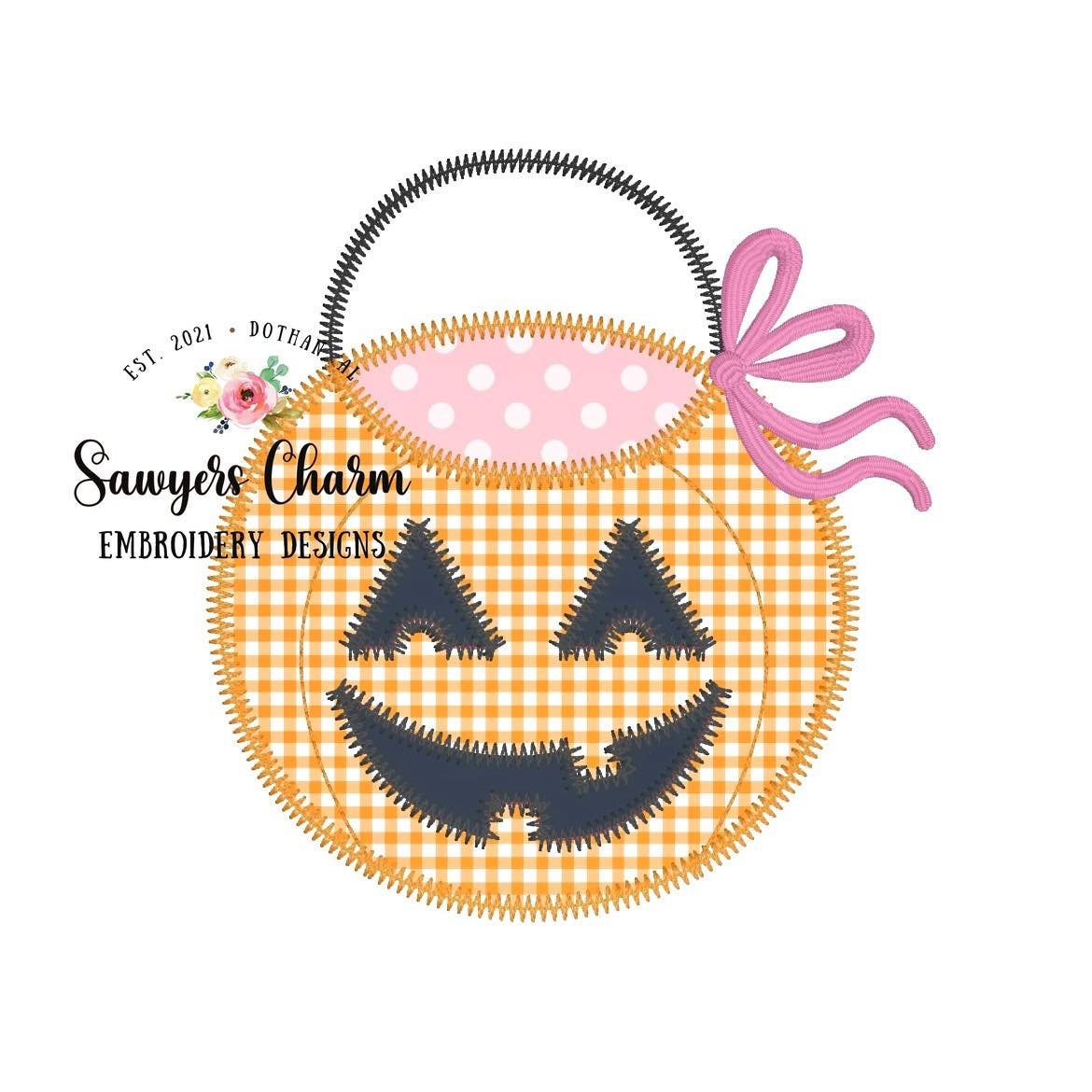 BUNDLE Halloween jackolantern candy bucket zig zag machine applique embroidery design file, quick stitch, fall pumpkin, trick or treating