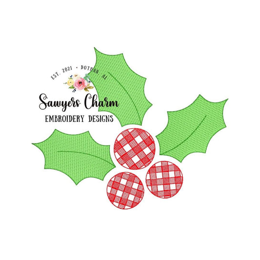 Gingham holly berry sketch stitch/bean stitch machine embroidery design file, quick stitch, Christmas, plaid check, holidays, winter