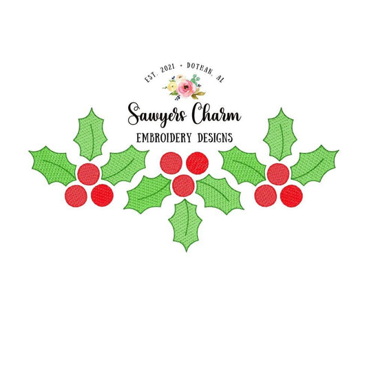 Holly berry trio sketch stitch/bean stitch machine embroidery design file, quick stitch, Christmas, holidays, winter, vintage stitch