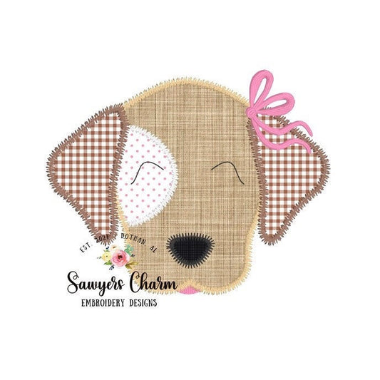 BUNDLE Puppy dog zig zag applique, machine embroidery design file, with & without satin stitch coquette bow, quick stitch, lab, spot, fuzzy fur