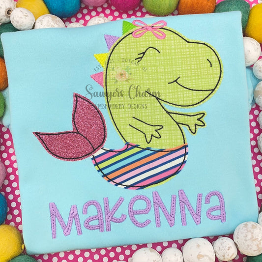 Dinosaur mermaid bean stitch applique with bow, machine embroidery design file, sea creature, dino, summer, quick stitch, satin stitch