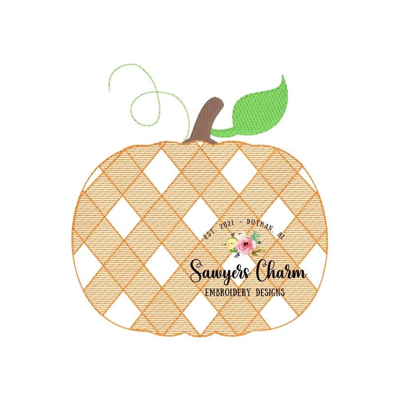 Gingham pumpkin, sketch stitch embroidery design file, fall, halloween, fall leaves, pumpkin patch, quick stitch, beans stitch, plaid check