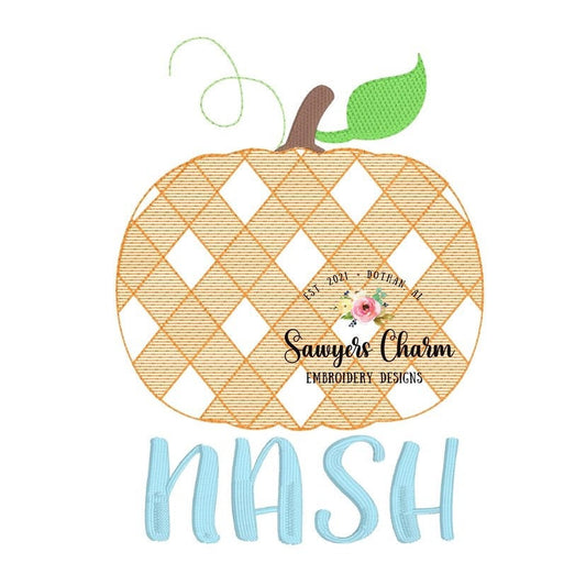 Gingham pumpkin, sketch stitch embroidery design file, fall, halloween, fall leaves, pumpkin patch, quick stitch, beans stitch, plaid check