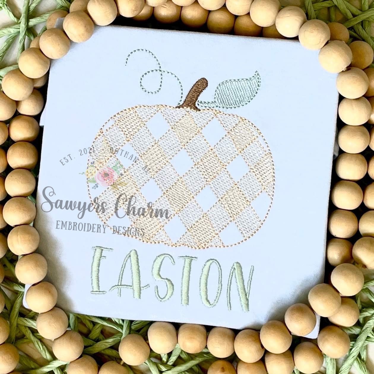 Gingham pumpkin, sketch stitch embroidery design file, fall, halloween, fall leaves, pumpkin patch, quick stitch, beans stitch, plaid check