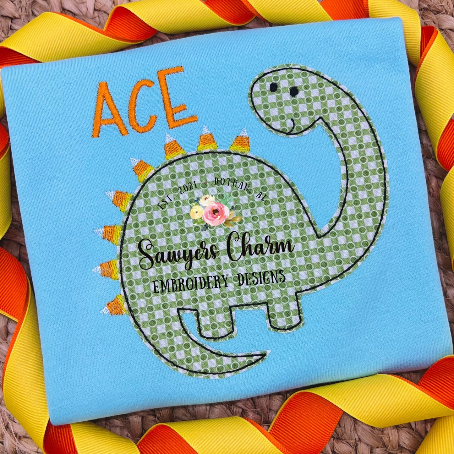 BUNDLE Candy corn dinosaur with and without bow zigzag AND bean stitch machine applique design embroidery file, halloween/fall