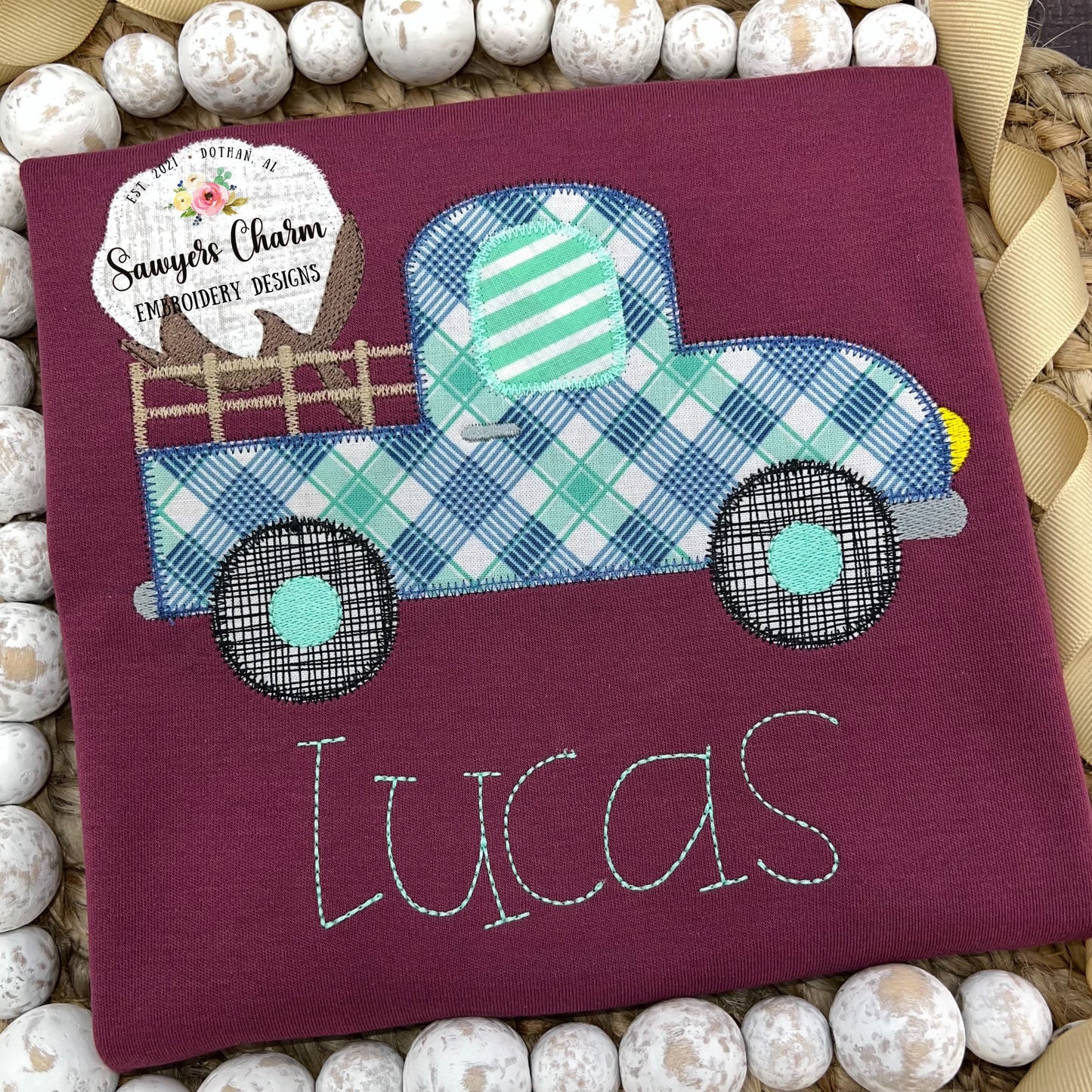 Fall vintage cotton boll pickup truck machine applique design embroidery file, zig zag stitch, with and without bow