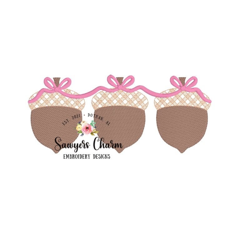 BUNDLE Gingham acorn trio with & without bow, sketch stitch embroidery design file, fall, quick stitch, bean stitch details, plaid, check