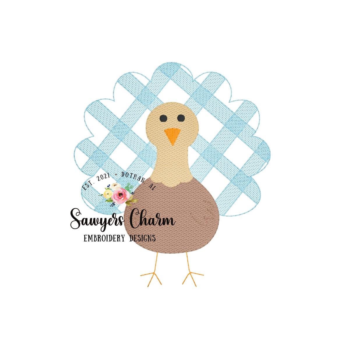 BUNDLE Gingham turkey with & without bow, sketch stitch embroidery design file, fall, thanksgiving, gobble, plaid check, quick stitch