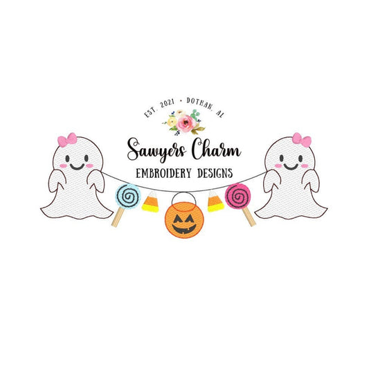 Halloween candy ghost jackolantern bunting banner sketch stitch machine embroidery design file, quick stitch, bean stitch, fall, pumpkins