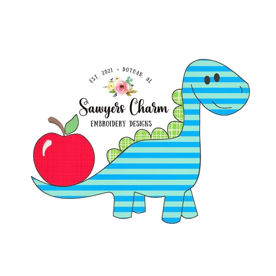 BUNDLE Back to school dinosaur with apple, with & without bow, bean stitch applique embroidery design file, dino, quick stitch