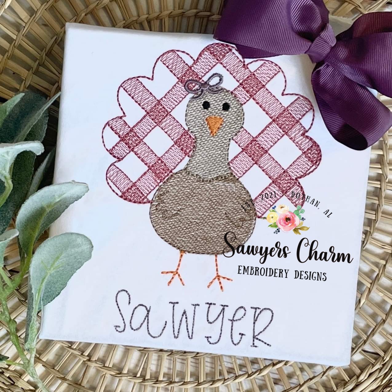 BUNDLE Gingham turkey with & without bow, sketch stitch embroidery design file, fall, thanksgiving, gobble, plaid check, quick stitch