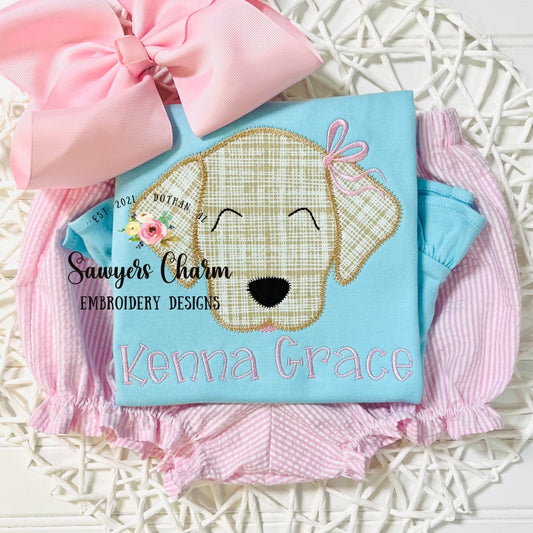 BUNDLE Puppy dog zig zag applique, machine embroidery design file, with & without satin stitch coquette bow, quick stitch, lab, spot, fuzzy fur