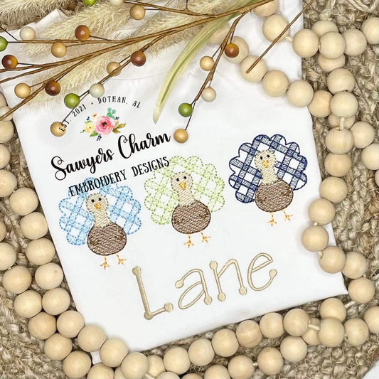 BUNDLE Gingham turkey trio with/without bows sketch stitch embroidery design file, fall, thanksgiving, gobble, plaid check, coquette