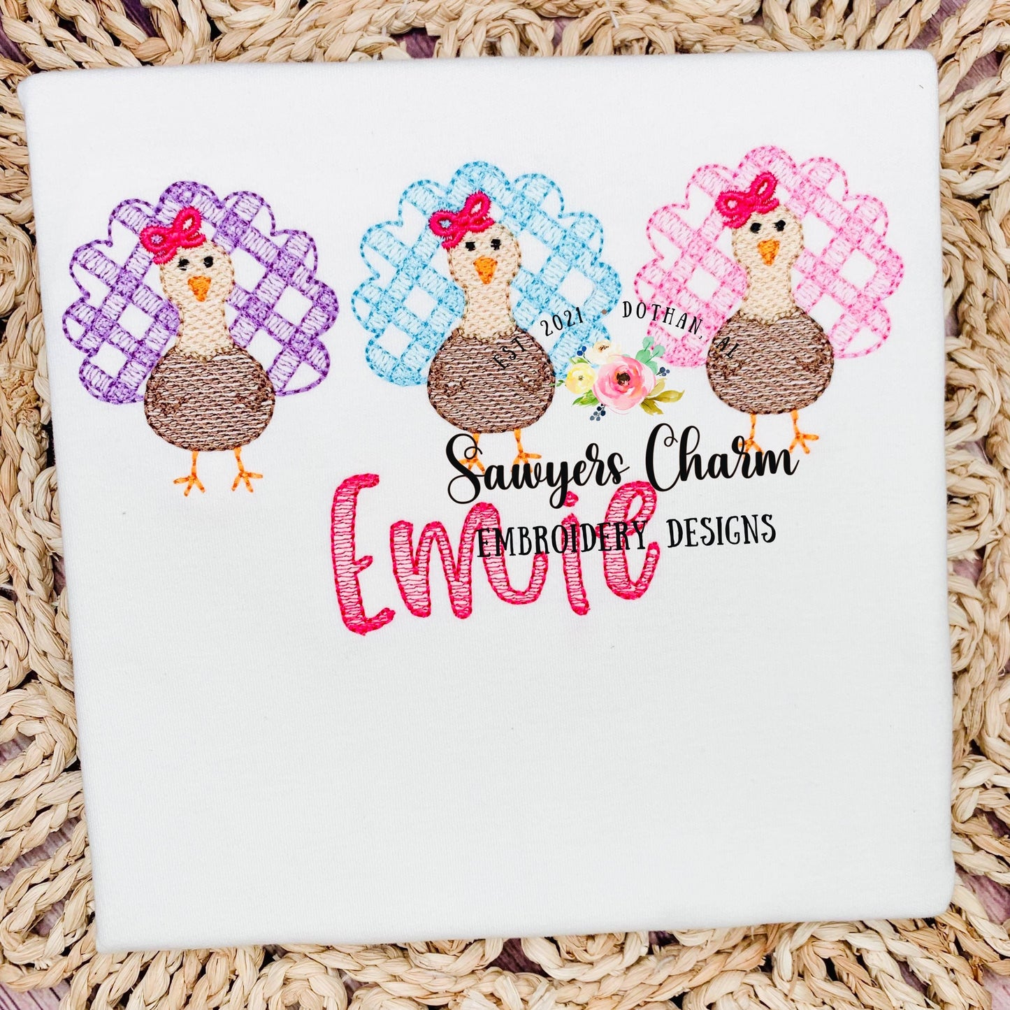 BUNDLE Gingham turkey trio with/without bows sketch stitch embroidery design file, fall, thanksgiving, gobble, plaid check, coquette