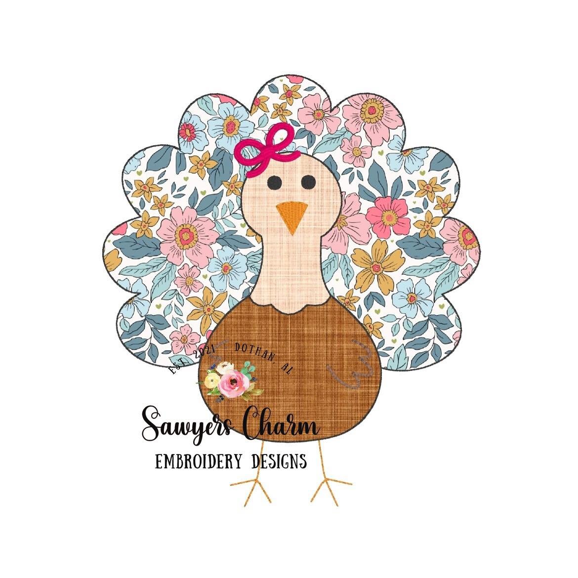 BUNDLE Turkey with & without bow, bean stitch applique embroidery design file, fall, thanksgiving, gobble, quick stitch