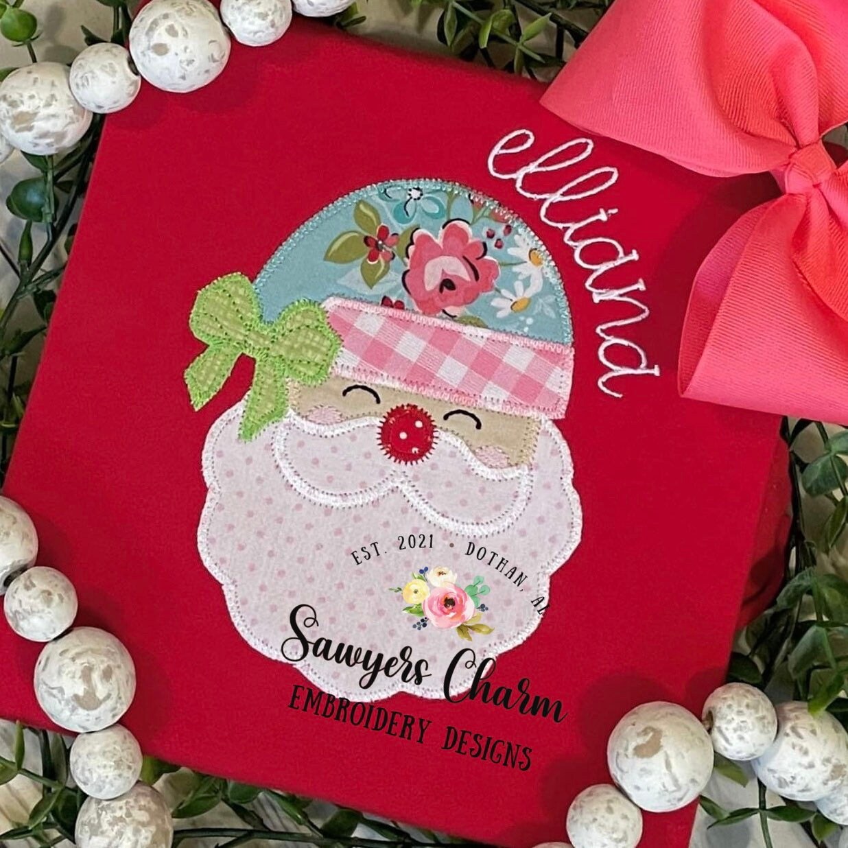 Santa Claus with bow zig zag stitch applique, machine embroidery design file, quick stitch, Christmas, holidays, winter, jolly, ho ho ho