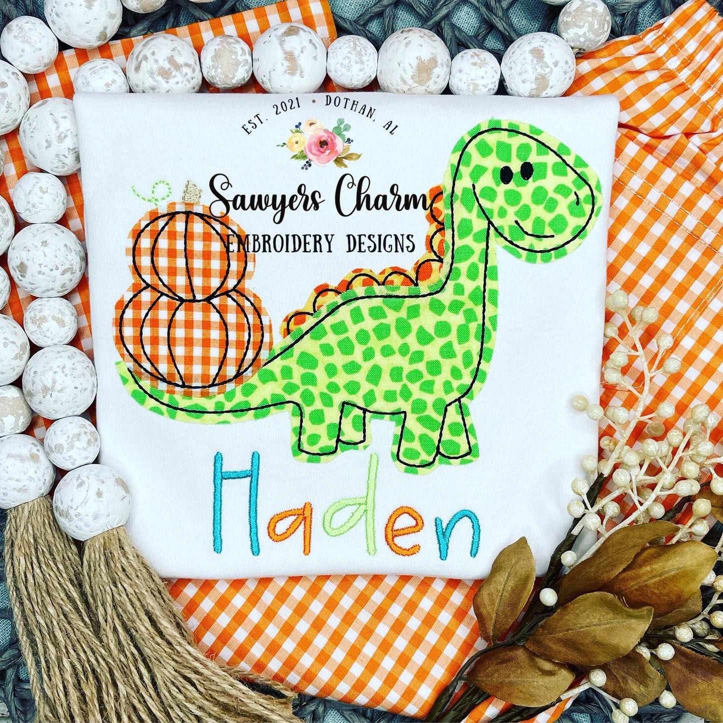 Stacked pumpkins dinosaur with & without bow, bean stitch applique embroidery design file, dino, quick stitch, fall halloween, girl boy