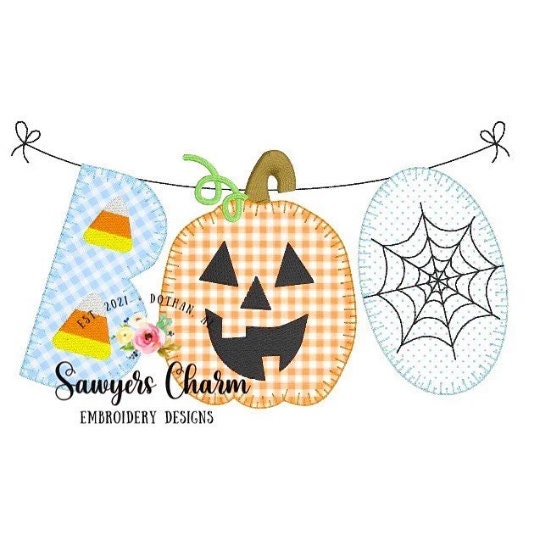 BUNDLE Halloween BOO jackolantern/candy corn/spiderweb blanket stitch bunting banner machine applique embroidery design file, pumpkin patch