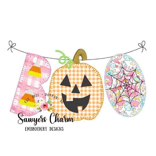 BUNDLE Halloween BOO jackolantern/candy corn/spiderweb blanket stitch bunting banner machine applique embroidery design file, pumpkin patch