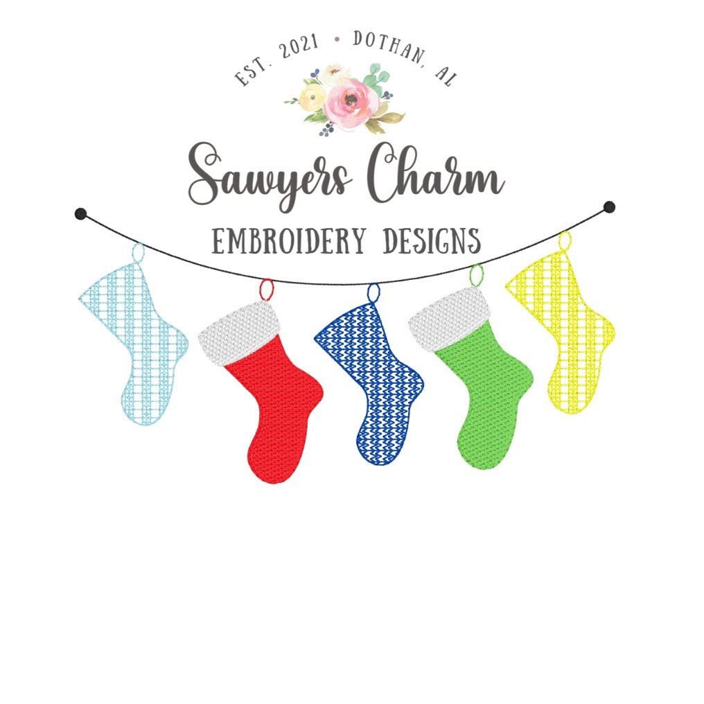 BUNDLE Christmas stockings bunting banner with & without bow sketch stitch, machine embroidery design file, quick stitch bean stitch holiday