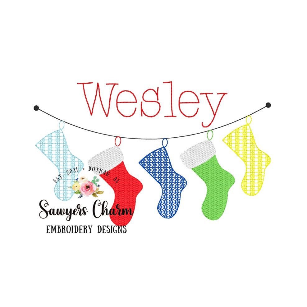 BUNDLE Christmas stockings bunting banner with & without bow sketch stitch, machine embroidery design file, quick stitch bean stitch holiday