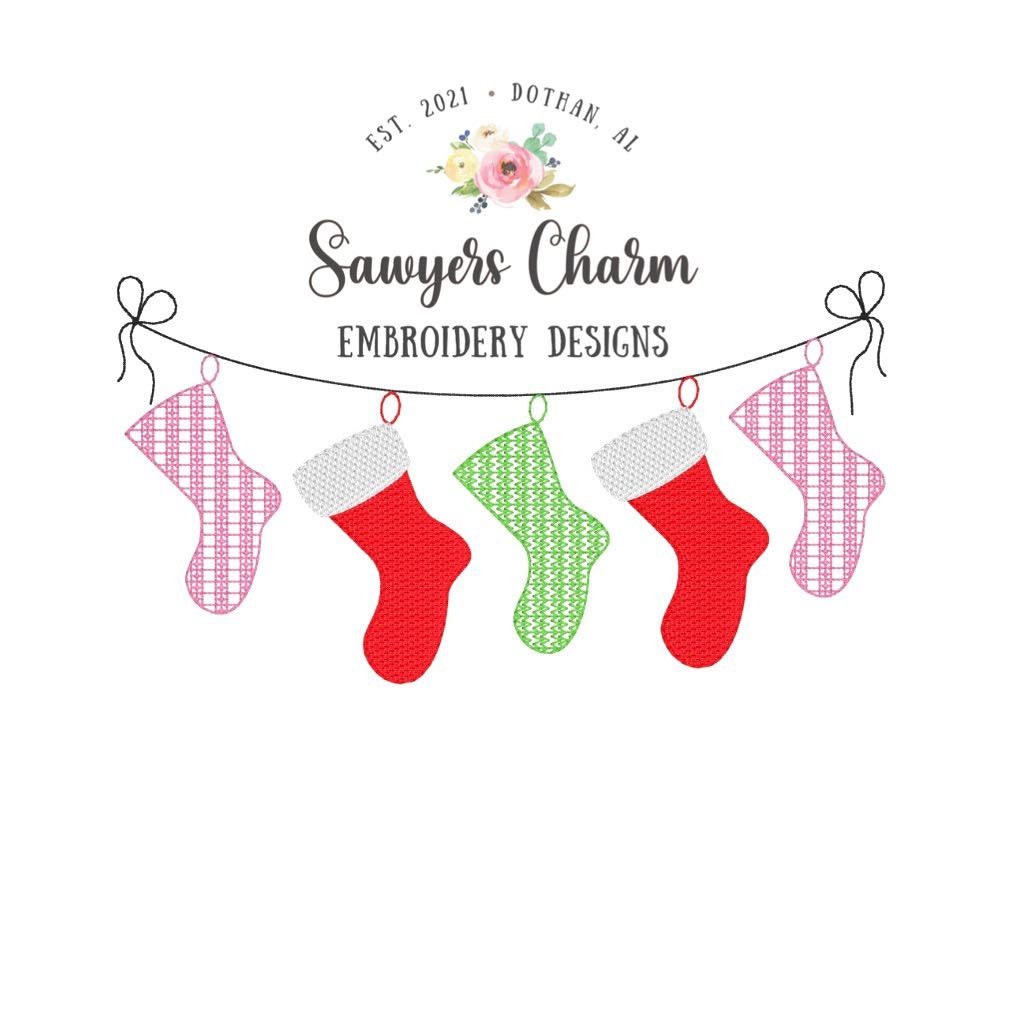 BUNDLE Christmas stockings bunting banner with & without bow sketch stitch, machine embroidery design file, quick stitch bean stitch holiday