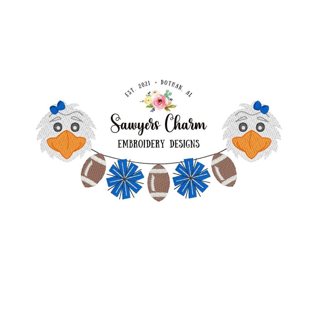 Sports Eagles mascot football pom poms/cheerleading bunting banner sketch fill design embroidery file, quick stitch, bean stitch, college
