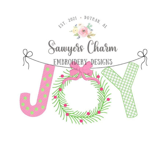 Christmas JOY wreath with bow bunting banner decorative sketch stitch, machine embroidery design file, bean stitch, satin stitch, holidays