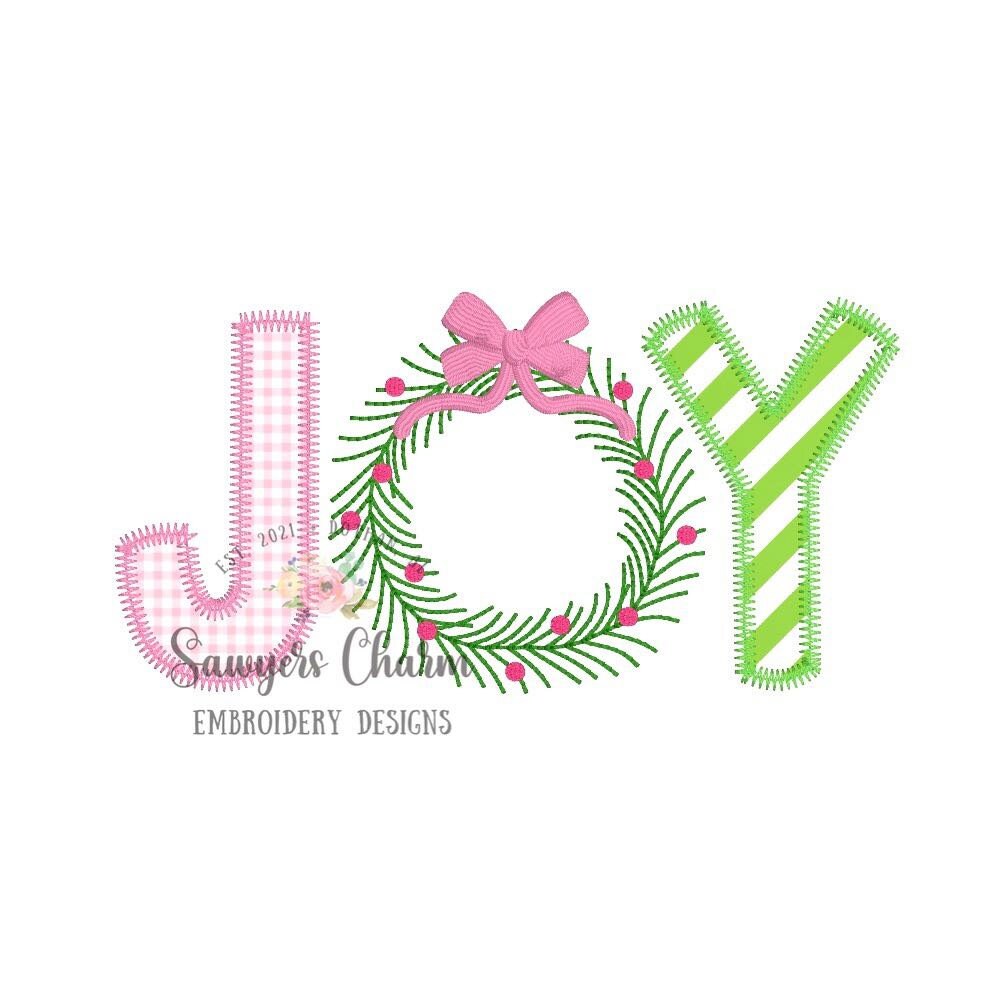 BUNDLE Christmas JOY wreath with bow zigzag applique/sketch stitch/decorative sketch, machine embroidery design file, bean stitch, holidays
