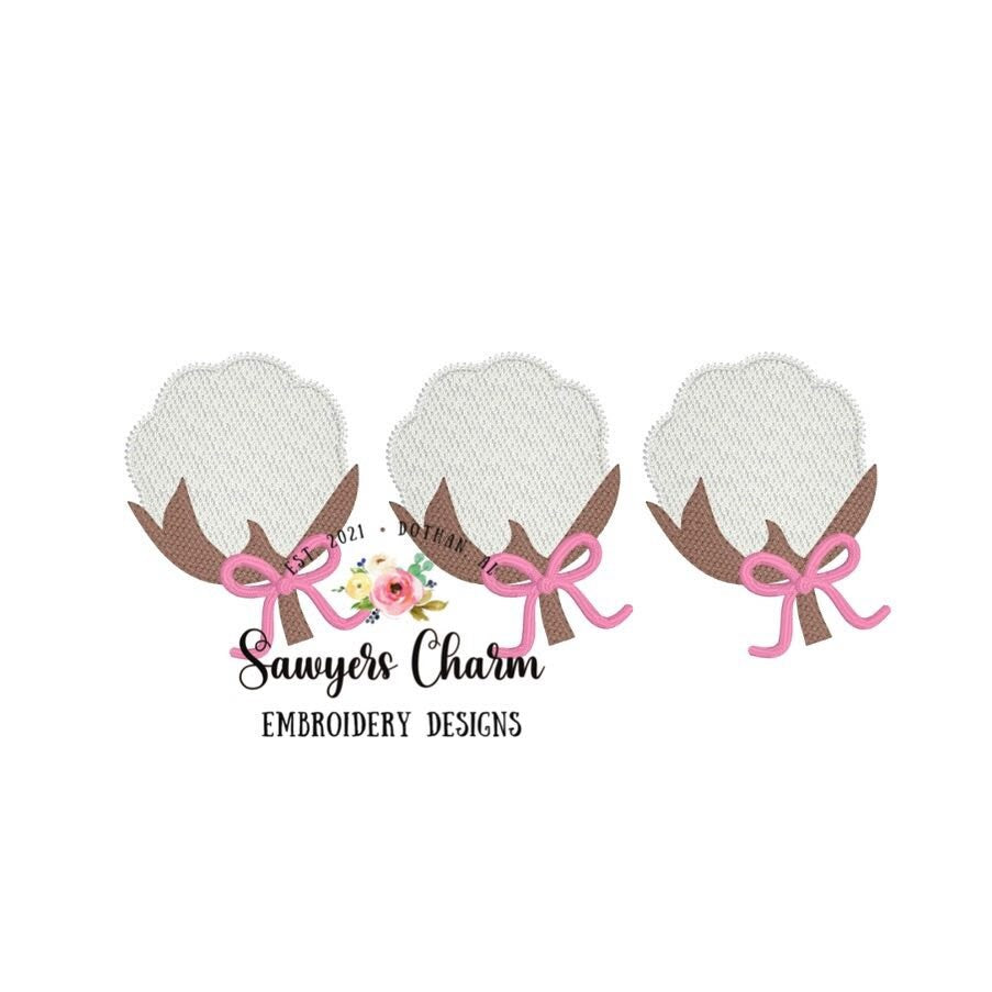 BUNDLE Cotton boll trio with & without bow sketch stitch, machine embroidery design file, fall, harvest, satin stitch, quick stitch