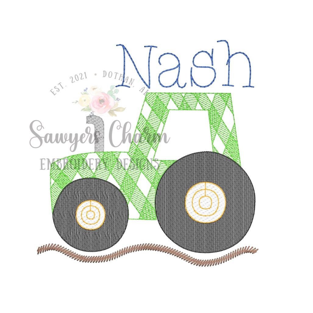 Gingham sketch stitch tractor machine embroidery design file, bean stitch, quick stitch, farming, harvest, dirt hauler, transportation