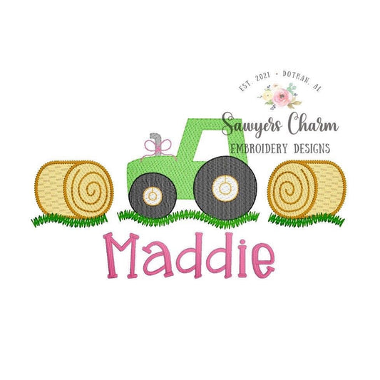 BUNDLE Tractor hay bale trio sketch stitch machine embroidery design file, bean stitch, farming, harvest, dirt hauler, transportation, bow
