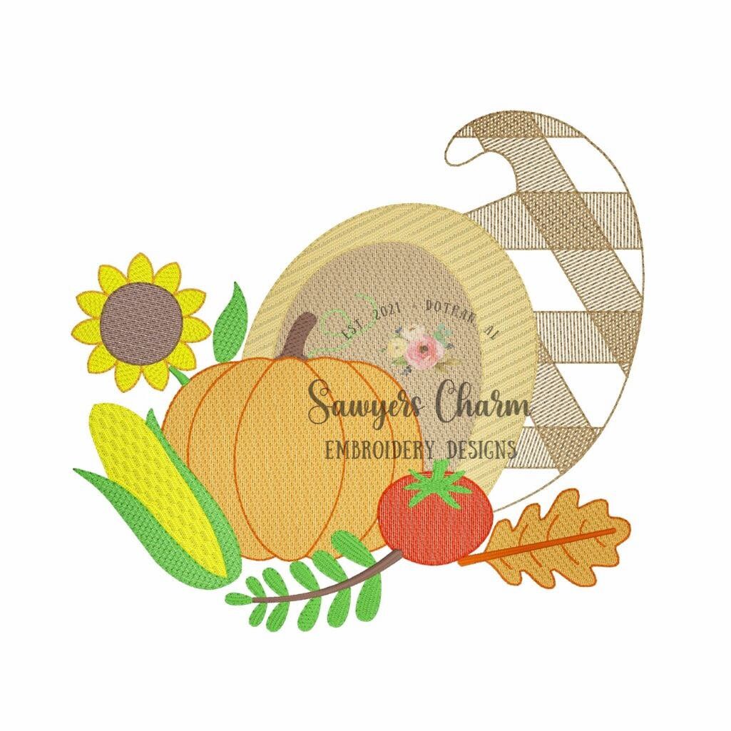 BUNDLE Gingham & sketch corcucopia, sketch stitch embroidery design file, fall, thanksgiving, gobble, plaid check, harvest, pumpkin
