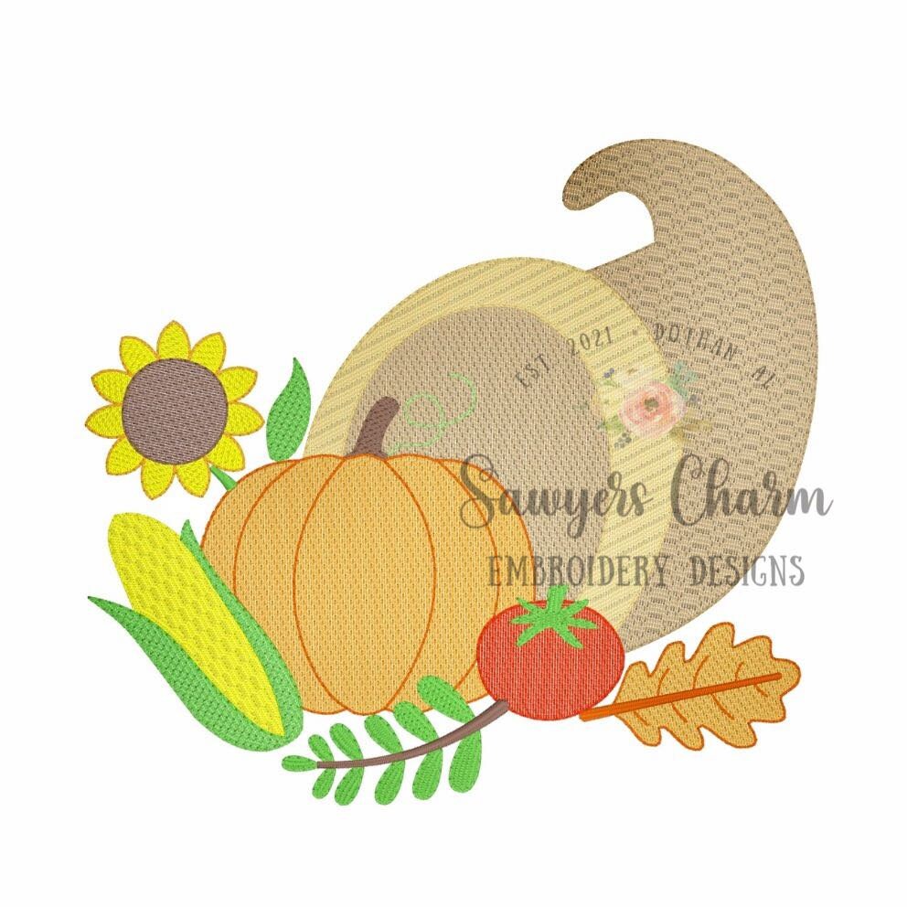 BUNDLE Gingham & sketch corcucopia, sketch stitch embroidery design file, fall, thanksgiving, gobble, plaid check, harvest, pumpkin