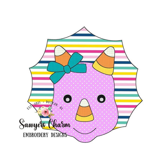 BUNDLE Candy corn triceratops with & without bow, bean stitch applique embroidery design file, dino, quick stitch, fall halloween, dinosaur